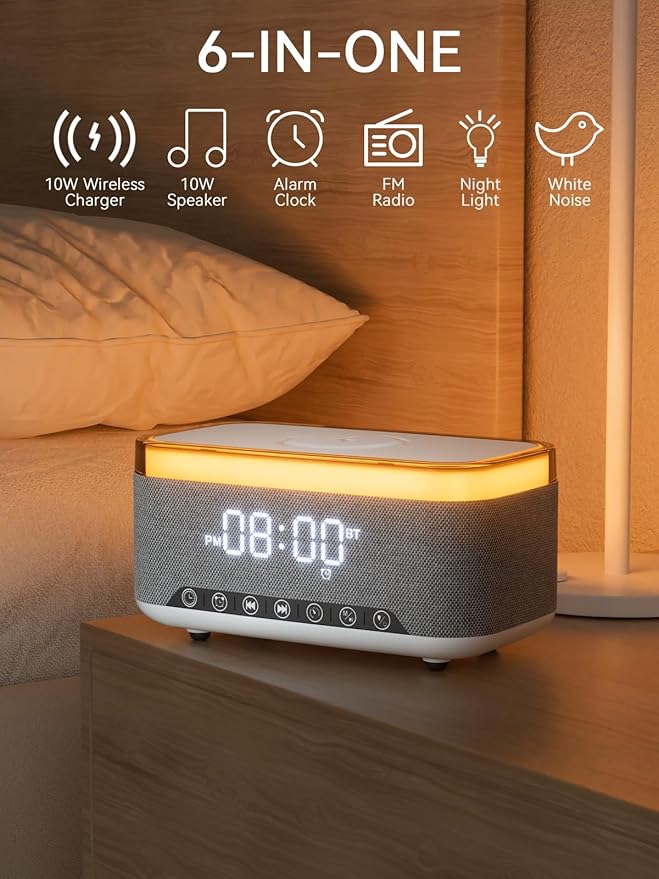 Alarm Clock Bluetooth Speaker with 10w Fast Wireless Charger for iPhone Samsung, 10W Stereo Bluetooth Speaker, 12-Color Night Light, White Noise Machine Digital Clock with FM Radio for Bedroom