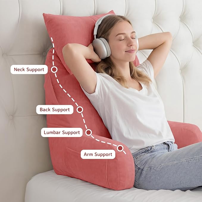 Unisakey Portable Reading Pillows with Headrest for Bed Sitting Up(Dark Pink Oeko-Tex), Velvet Back Pillow with Arms & Pockets for Adults, Support Memory Foam Bed Pillow for Dorm/Watching/Gaming