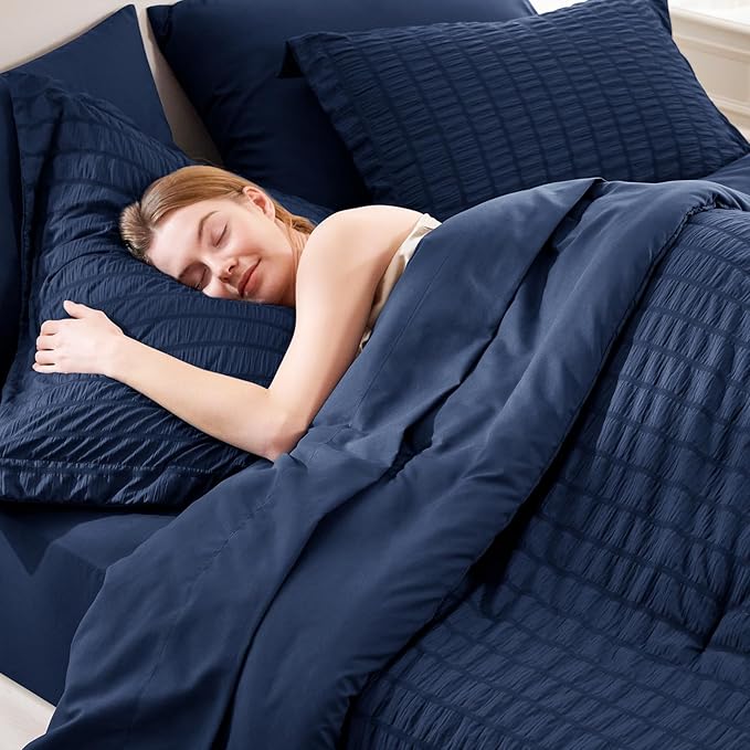 CozyLux King Size Comforter Set Navy Blue Seersucker 7 Pieces Bed in a Bag King Comforter Set with Sheets, Luxury Soft Bedding Sets with Down Alternative Comforter, Sheets, Pillowcases & Shams