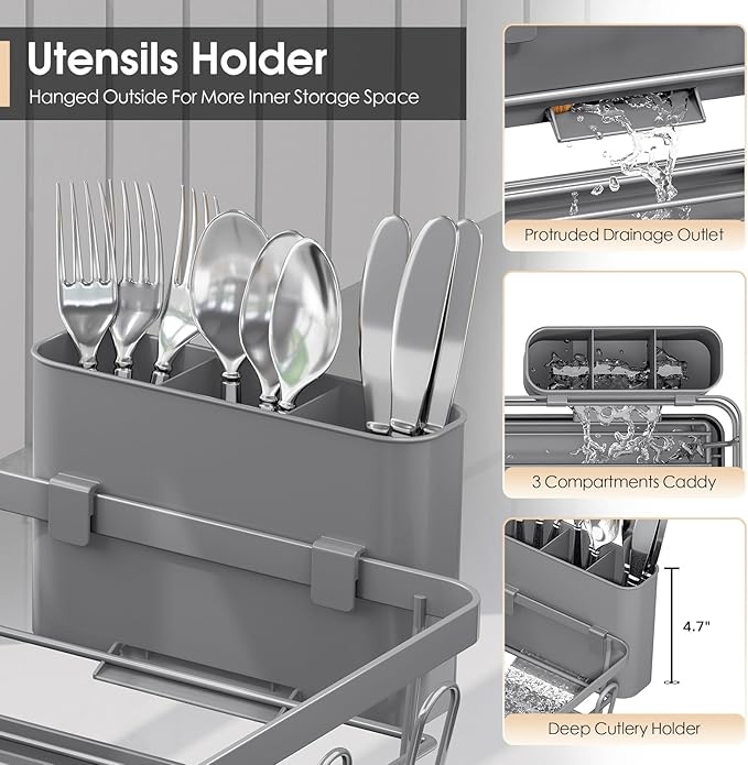 Urackify Dish Drying Rack for Kitchen Counter, Sink Dish Rack with Drainboard 12.2" W x 16.5" L, Large Dish Drainer with Cutlery Holder, Home Countertop Plate Dryer Storage Rack, Gray
