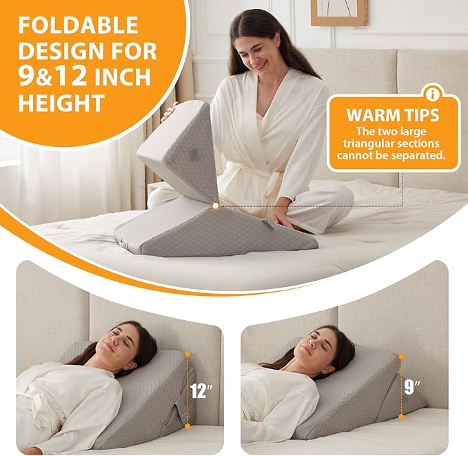 Ruqmuis Bed Wedge Pillow for Sleeping, 9&12 Inch Adjustable Wedge Pillow Set for After Surgery, Triangle Pillow for Back Pain Relief, Leg Support, Acid Reflux, Gerd, Grey