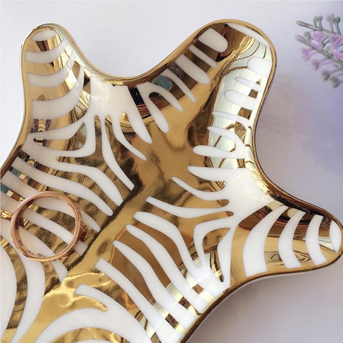Zebra Stripe Jewelry Tray Ceramic Dishes Plate Gilded 5.9", Gold