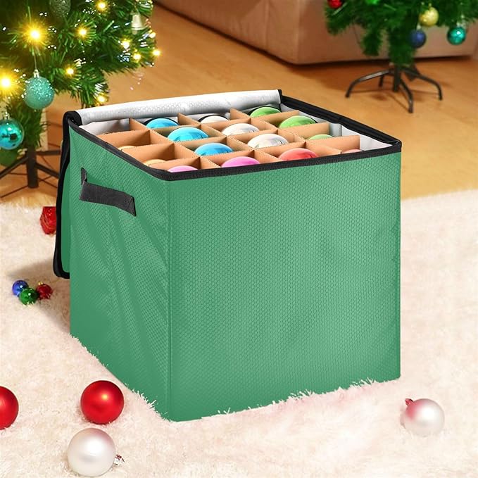 Green Christmas Ornament Storage Basket Box Holiday Storage Container Cube with Adjustable Dividers for 64 Holiday Ornaments or Decorations Keeps Clean and Dry for Next Season
