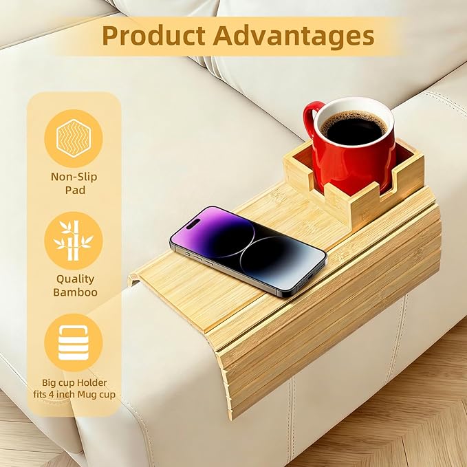 Bamboo Couch Cup Holder & Armrest Tray - Extend Your Comfort with a Secure Drink Slot and Snack Space for Recliner, Loveseat, or Sofa (Extra Large)