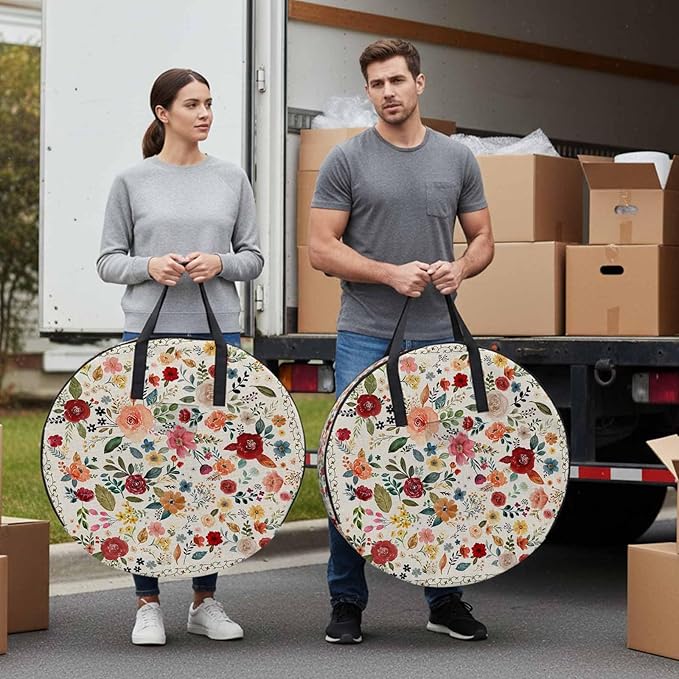 Storage Bag Beige Floral Round Storage Totes Bins Closet Organizers with Zippers & Handle Farmhouse Vintage Flower Clothes Storage Container for Bedroom Dorm Space Saving Packing Supplies Moving Bags