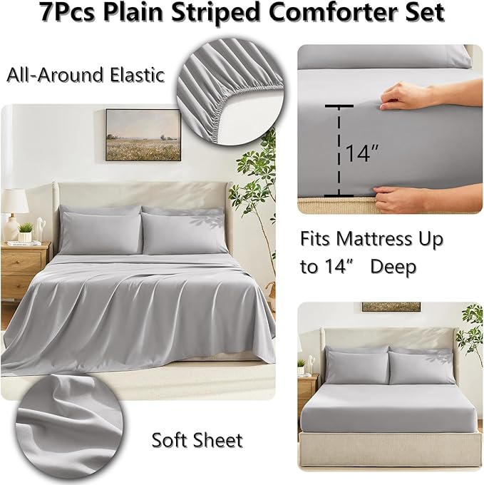 CozyLux King Size Comforter Set French Grey, 7 Pieces Bed in a Bag, Gray Comforter King Size, All Season Bedding Sets with Stitch Quilted Comforter, Flat Sheet, Fitted Sheet, Pillowcases
