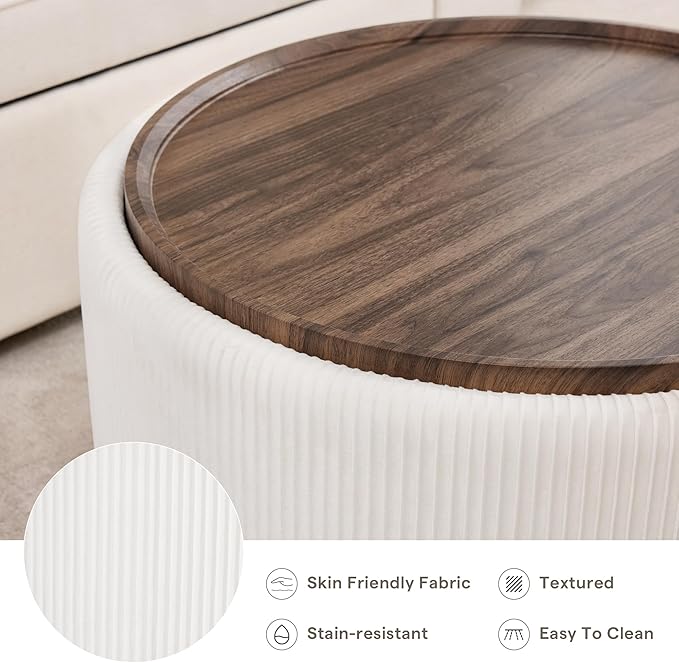 29.5 Inch Round Storage Ottoman Coffee Table,Modern Circle Coffee Table with Storage with Removable Lid Top and Solid Wood Legs,Large Round Ottoman for Bedroom,Living Room,Velvet,Beige