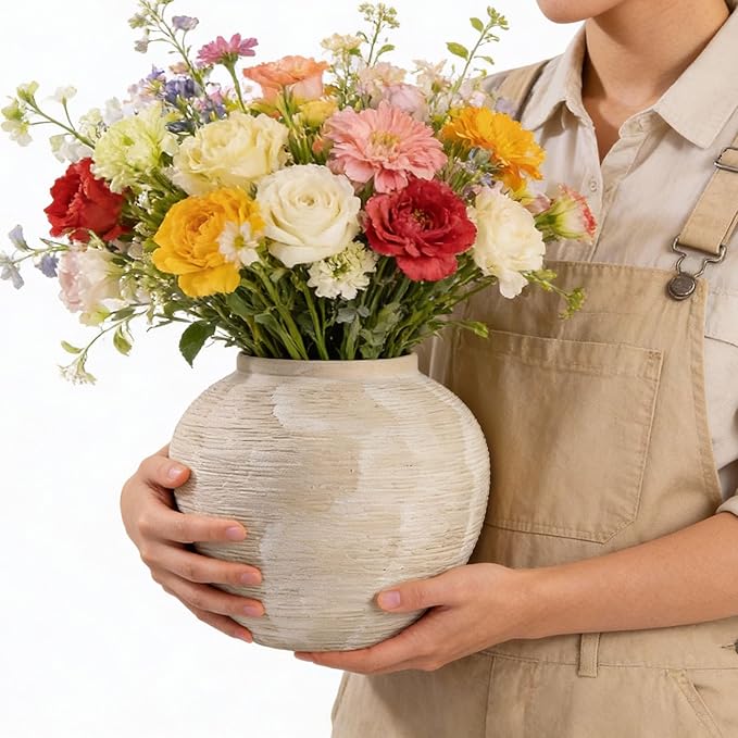 Large Rustic Farmhouse Vase - 8.8 in Ceramic Boho Decorative Vase for Home Decor, Round Clay Whitewashed Terracotta Bowl vase for Living Room, Table, Shelf, Centerpieces
