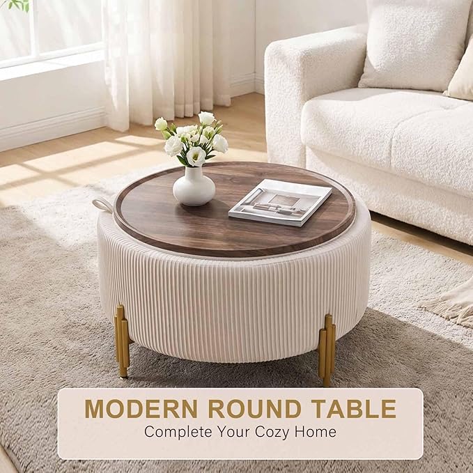 30'' Round Storage Ottoman Coffee Table, Modern Velvet Upholstered Ottoman with Lid and Metal Legs for Living Room, Bedroom (White)