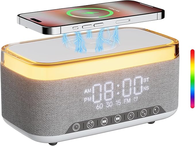 Alarm Clock Bluetooth Speaker with 10w Fast Wireless Charger for iPhone Samsung, 10W Stereo Bluetooth Speaker, 12-Color Night Light, White Noise Machine Digital Clock with FM Radio for Bedroom