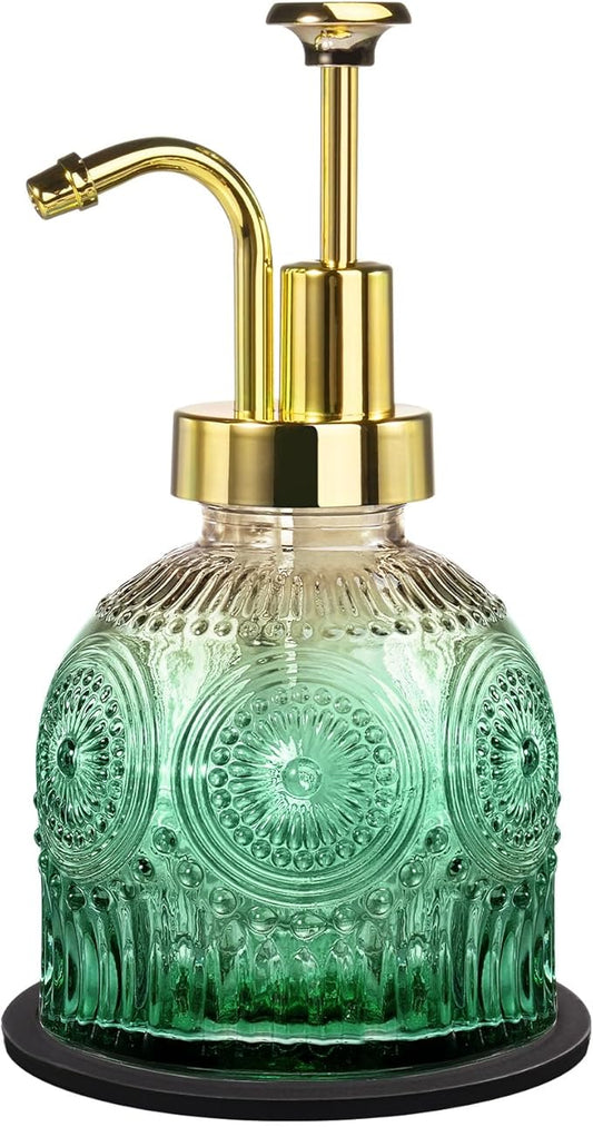 Amolliar 8 Oz Vintage Glass Bathroom Soap Dispensers with Pump, Refillable Kitchen Dish Soap Dispenser with Stripe, Antique Rustic Hand Soap Liquid Bottle (Green Gradient-Golden Pump)