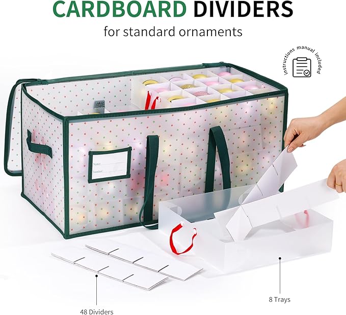 Portable Waterproof Christmas Ornament Storage Box, Large Capacity 128 Slots for 3-Inch Ornaments, Double-Sided Trays with Durable Zippers