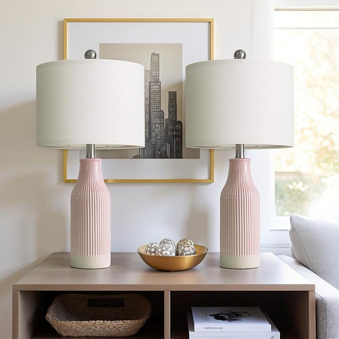 USumkky 23.75inch Pink Modern Ceramic Bedside Lamp Set of 2 with 5FT Cord for Bedroom Decor Farmhouse Table Lamp for Living Room Office Dorm