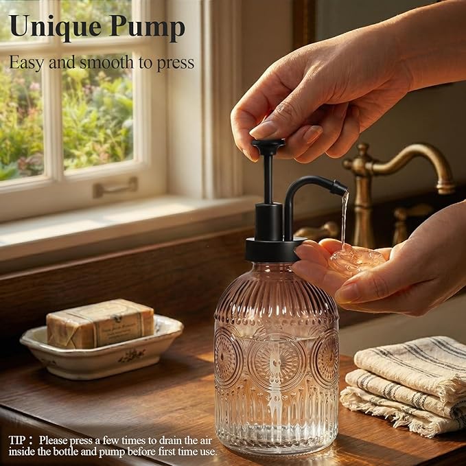 SheeChung 12Oz Vintage Glass Bathroom Soap Dispenser, Kitchen Dish Soap Dispenser with Pump, Refillable Liquid Hand Soap Bottle, Lotion, Antique Rustic Farmhouse Decor (Brown-Black Pump, 1 Pack)