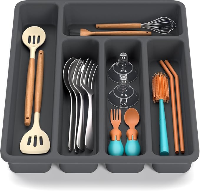 Non-Slip Silicone Kitchen Drawer Organizer for Utensils & Flatware | Heavy-Duty Silverware Cutlery Tray Insert | Waterproof, Easy-Clean for Office, Junk Drawer