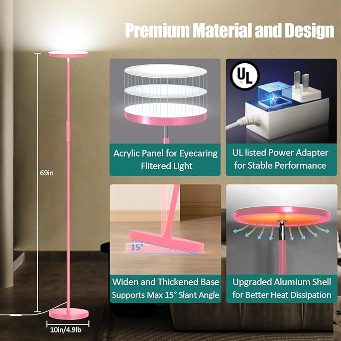 mukuxin Floor Lamp, Upgraded 40W 4000LM Super Bright Torchiere LED Floor Lamps for Living Room, Stepless Dimmable Color Temperature 2700K-6500K with Remote & Touch Control, Standing Light (40W Pink)