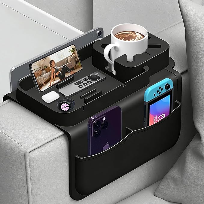 Silicone Couch Cup Holder Tray with Tablet & Phone Stand, Anti-Slip Sofa Arm Organizer with Dual Side Pockets for Remotes, Snacks, Headphones, Glasses, Drinks (Black)