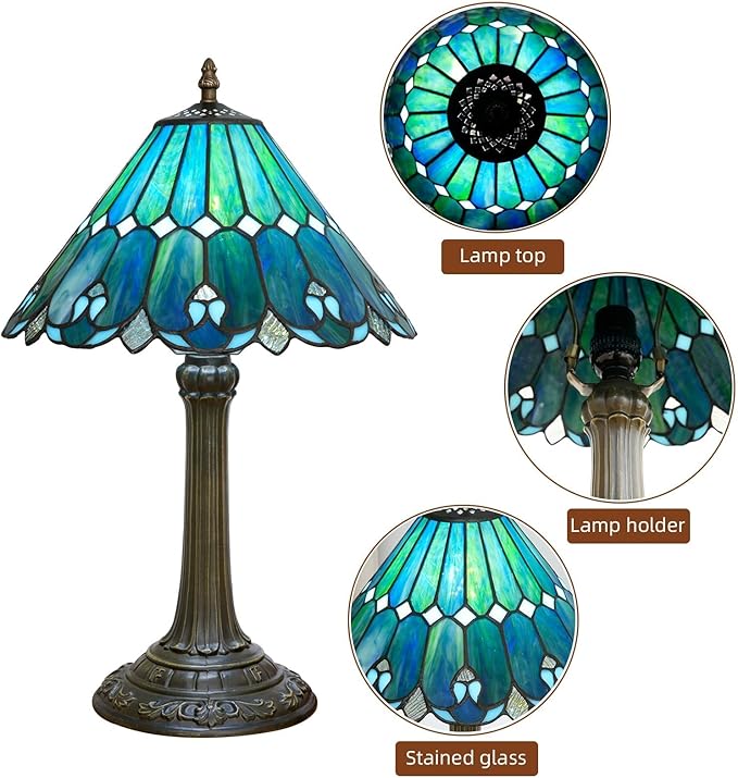 Tiffany Lamp Stained Glass lamp 12x12x18 Inches Bedside Table Lamp for Living Room Bedroom Dorm Kitchen Home Decor Festival Birthday Gift,Sea Blue