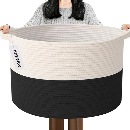 65L Large Blanket Basket,Cotton Rope Woven Storage Basket with Handles, Laundry Hamper for Toys, Clothes, Pillows & Towels, Perfect for Living Room, Nursery & Bedroom,White&Black