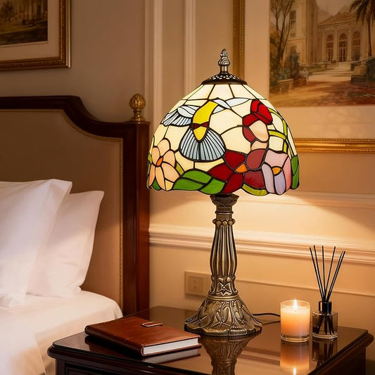 Hummingbird Tiffany Style Table Lamp with LED Bulb, 8 Inch Handmade Stained Glass Light, Antique Desk & Bedside Lamp for Living Room, Bedroom, Study Office
