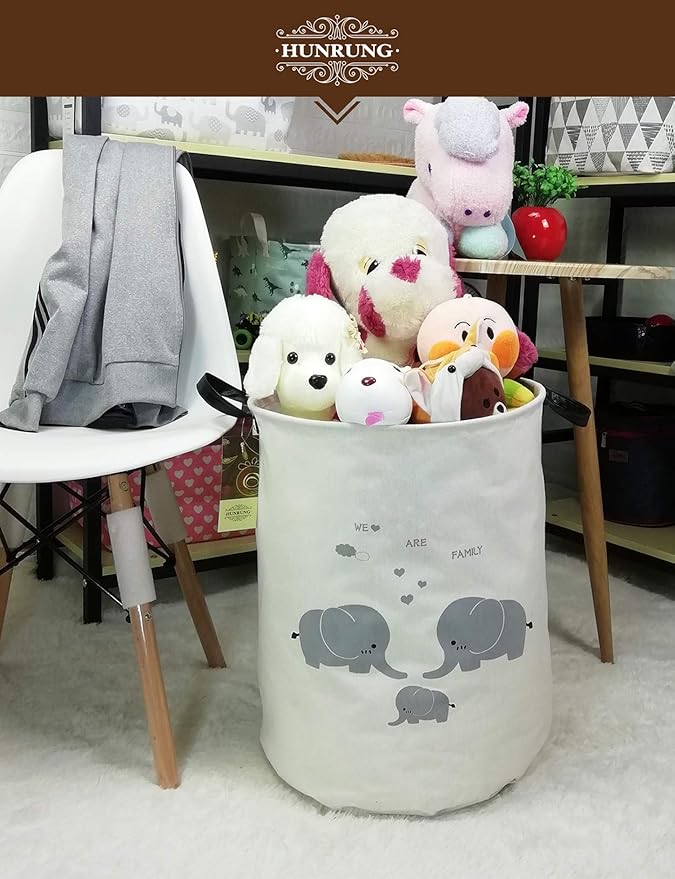 HUNRUNG Collapsible Fabric Storage Basket, Waterproof Laundry Hamper with Handles, Round Storage Bin for Clothes Toys, Foldable Organizer for Bedroom Nursery Bathroom(Round-Family elephants)