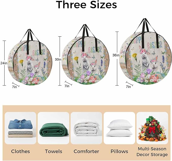 24 Inch Round Storage Bag 1 Pack,Wild Grey Animals Bunny with Easter Colored Egg Waterproof Wreath Storage Container with Handles&Zipper Spring Grass Closet Organizer Bags Garland Box