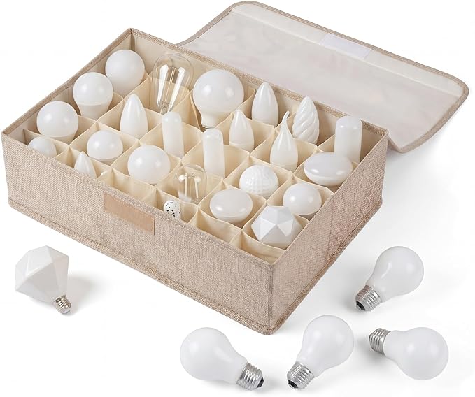 1 Pcs Light Bulb Organizer Storage Box Ornament Storage with 30 Dividers Foldable Bulbs Organizer with Lid Sturdy PP Board Fits Various Standard Dustproof Fabric Case for Home Vbs (Beige)