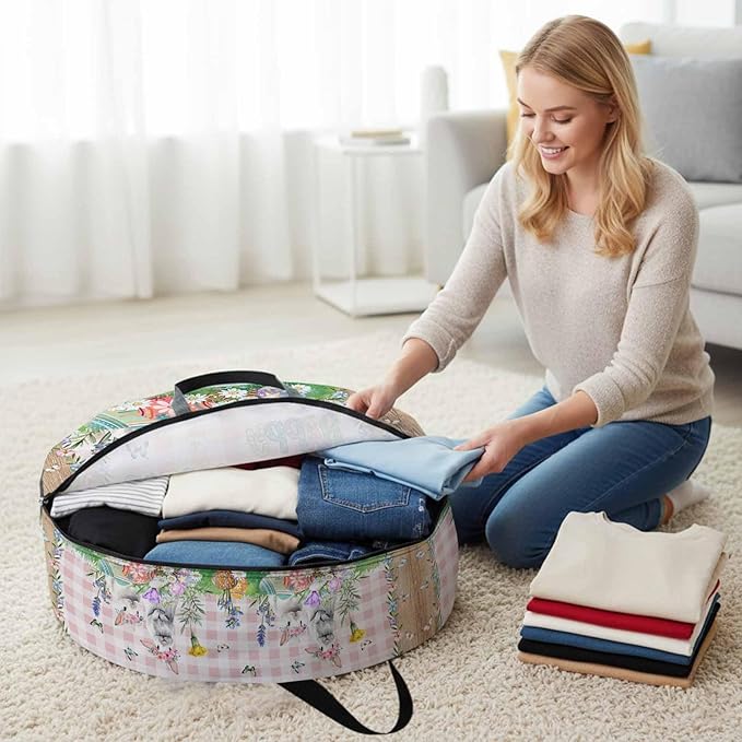 30 Inch Round Storage Bag 1 Pack,Spring Farm Easter Bunny and Flowers Waterproof Wreath Storage Container with Handles&Zipper Pink Buffalo Plaid Wood Grain Closet Organizer Bags Garland Box