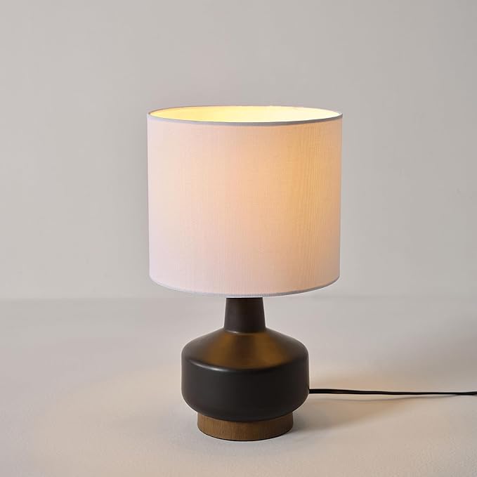 Globe Electric 15" Ceramic Table Lamp, Matte Black Base, Wood-Toned Accent, White Linen Shade, Dual Rotary Switch, Modern Bedroom or Office Lighting, 61000046