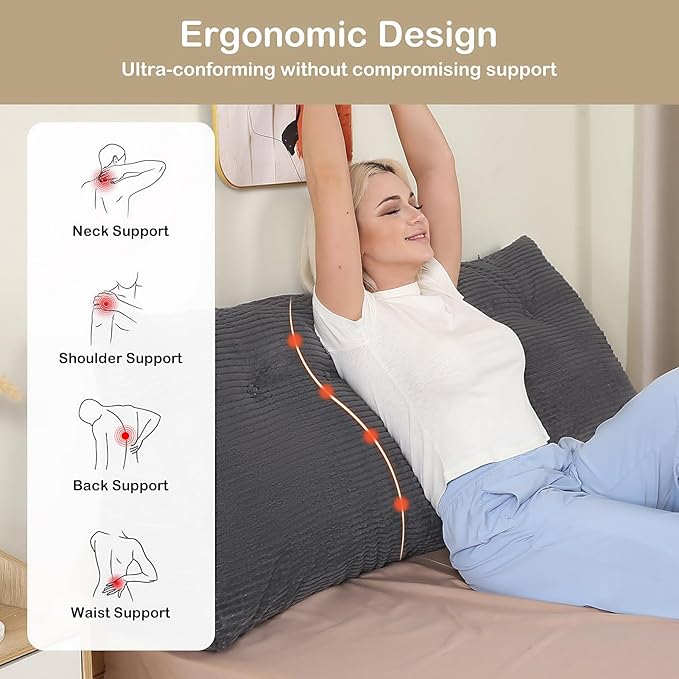 Headboard Pillow Twin, Wedge Headboard Pillow for Bed Sofa, Triangular Backrest Pillow with Removable Cover for Reading, Working, Sitting, Dark Grey