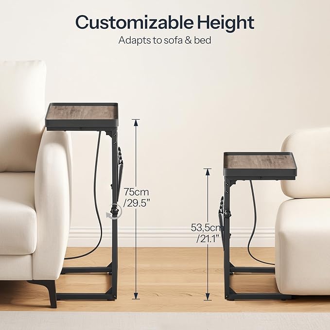 HOOBRO C-Shaped Side Table with Charging Station, 29.5” Sofa End Table Adjustable Height, Small Slide Under Couch Table for Sofa Arm Tray, for Living Room, Bedroom, Greige and Black BG78USF01