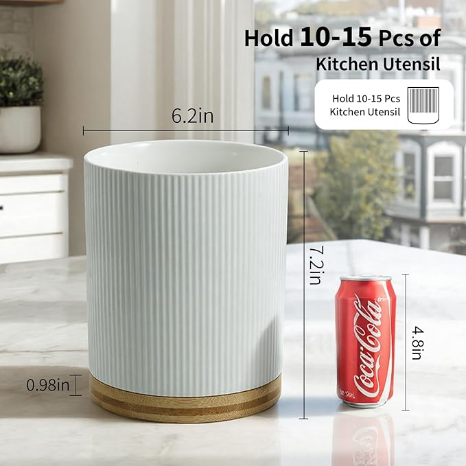 360° Rotating Utensil Holder for Kitchen Counter, 7.6'' Extra Large Utensil Caddy for Countertop, Modern Utensil Organizer for Spatula, with Rotatable Bamboo Base, White