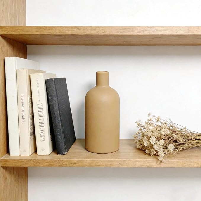 Neutral Boho Ceramic Brown Decorative Vase, Modern Matte Minimalist Vases for Shelf, Coffee Table, Living Room & Fireplace Mantel Decor