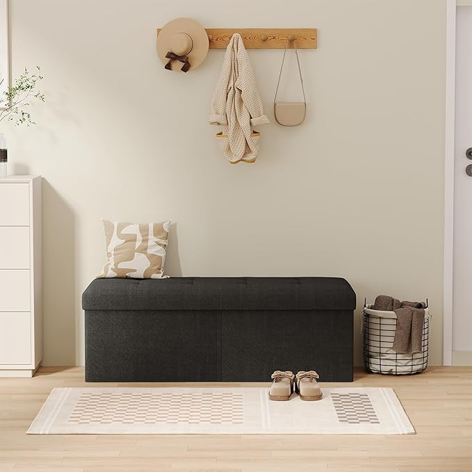 JIUYOTREE 31.5 Inches Ottoman with Storage Bench, Foldable Footstool, Ottoman Foot Rest, End of Bed Bench, Multi-Functional Seat, Storage Chest for Living Room, Bedroom, Entryway (Black)