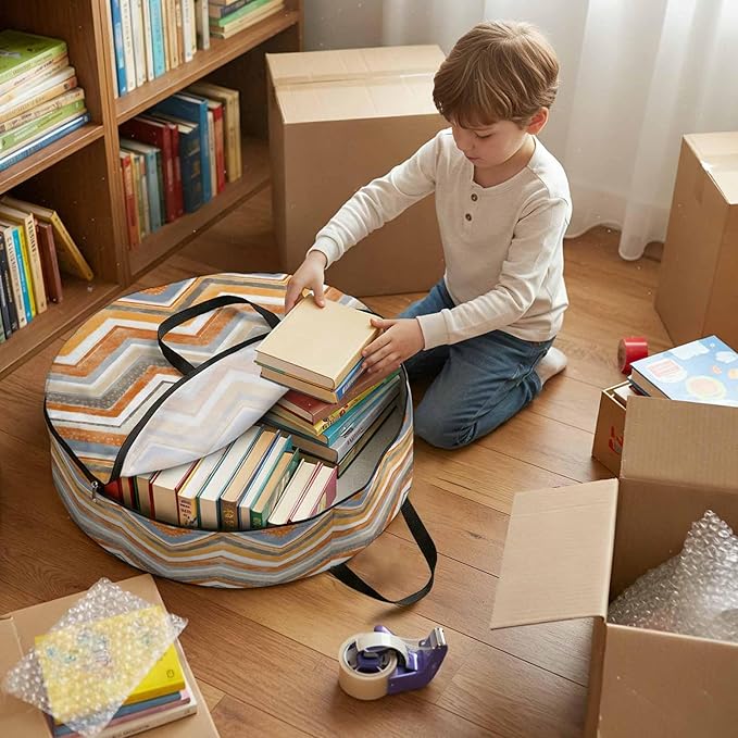 Storage Bag Orange Grey Chevron Round Storage Totes Bins Closet Organizers with Zippers & Handle Geometric Design Stripe Clothes Storage Container for Bedroom Dorm Space Saving Packing Supplies Bags