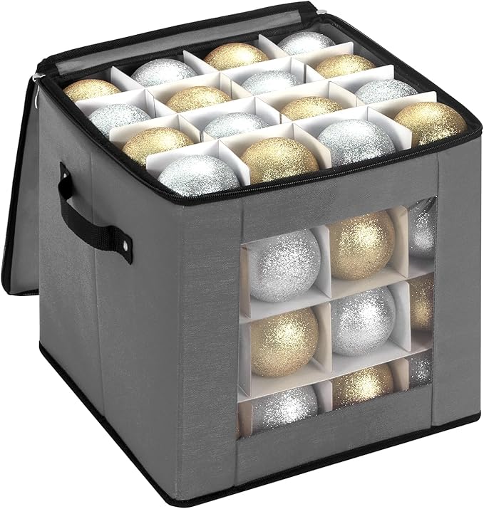 DIMESHY Christmas Ornament Storage Box With Adjustable Dividers,Ornament Storage Container with Two Handles for 64Holiday Decorations,Gray