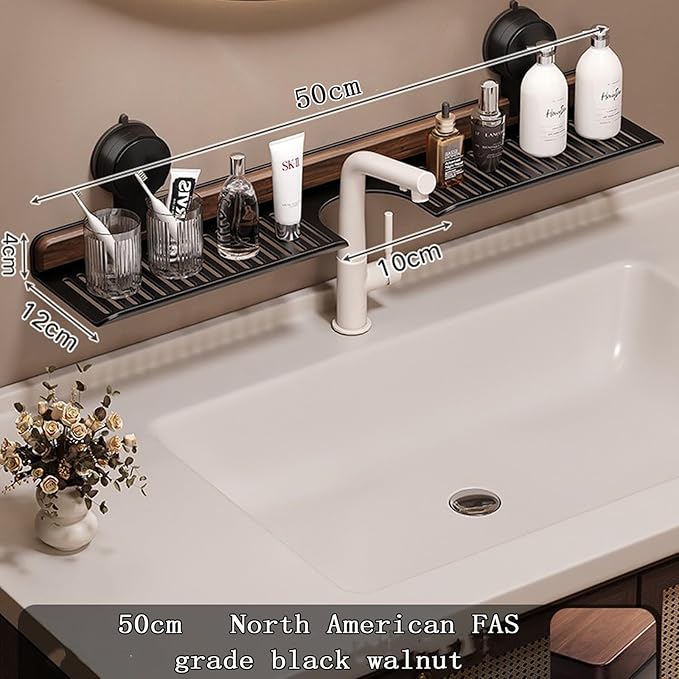 Walnut Bathroom and Kitchen Suction Cup Rack, Removable wall-Mounted Tray, no-Drill wall-Mounted Bathroom Vanity, Sink Storage Rack, Kitchen Suction Cup Rack (Black, 50cm/19.69in)