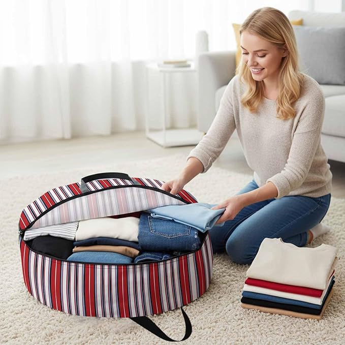 Storage Bag Red Striped Round Storage Totes Bins Closet Organizers with Zippers & Handle Geometric Vertical Stripes Clothes Storage Container for Bedroom Dorm Space Saving Packing Supplies Moving Bags