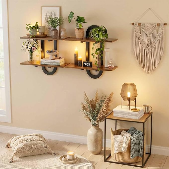 Arched Floating Shelves Set of 2, 15" Vintage Distressed Wall Mounted Shelves with Capsule Frame, Rustic Burnt Wood Hanging Shelves for Bathroom, Living Room, Kitchen, Brown