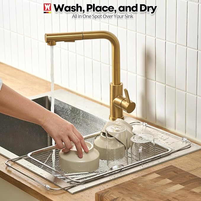 WAGENSTEIGER Extendable Dish Rack with Feet, Vegetable Colander Basket, Stainless Steel Dish or Silverware Drying Rack, Ultimate Kitchen Organizer Over the Sink (14.76 x 10.63 x 3.15 Inches)