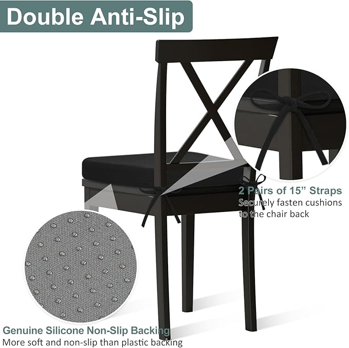 Shinnwa Dining Chairs Pads Set of 4, Patented Design Memory Foam Kitchen Chair Cushions with Ties and Washable Cover, 4 Pack, 17" x 16" x 2", Black