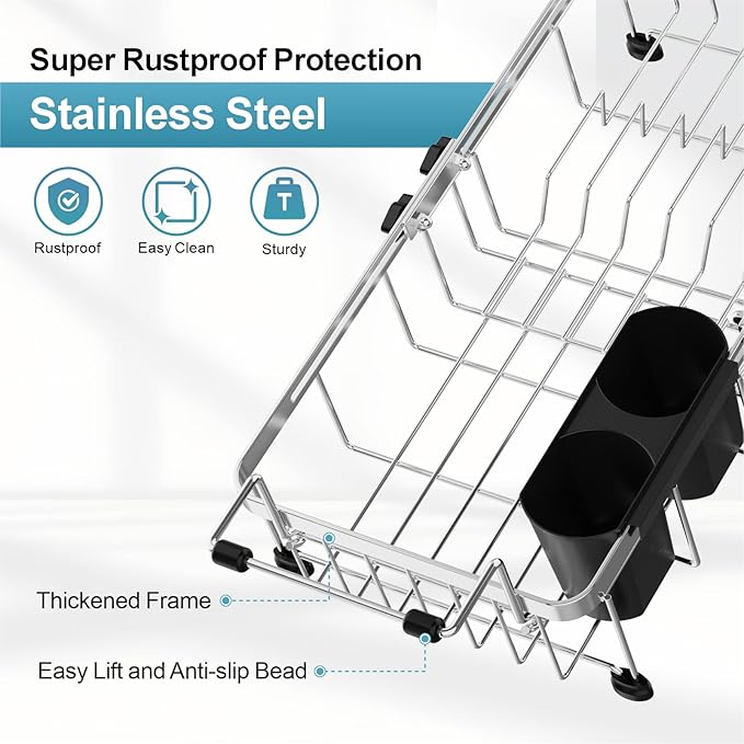 GSlife Small Sink Dish Drying Rack - 9" W Expandable Stainless Steel Compact Dish Drainer for RV, Apartment, Camper, Kitchen, Dish Strainer with Lock Knob, 11.9"-16.7" L, Silver