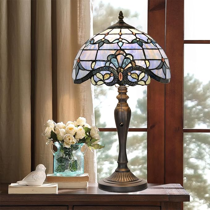 TL0015 Tiffany Table Lamp, Blue Baroque Stained Glass Shade, W12×OH21.5in, LED Bulb Included, for Bedroom Living Room (Blue Baroque)