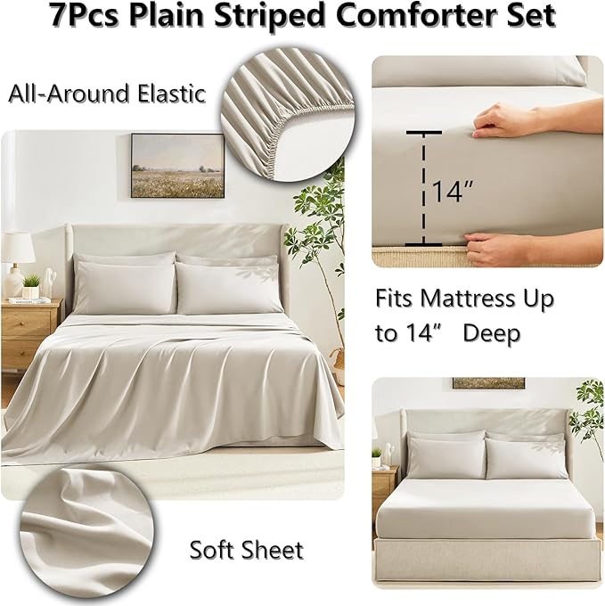 CozyLux Oversized Queen Comforter Sets Beige, 7 Pieces Bed in a Bag, Ultra-Soft All Season Bedding Sets with Stitch Quilted Comforter, Flat Sheet, Fitted Sheet, Pillowcases