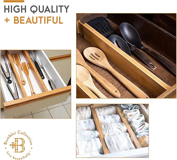 4-Pack Bamboo Drawer Dividers - Fits Drawers 12.2 to 17.3 Inches Deep, 2.6 Inch High, 0.6 Inch Thick, Expandable Drawer Organizers Separators for Clothes, Dresser, Bedroom, Kitchen, Bathroom, Office