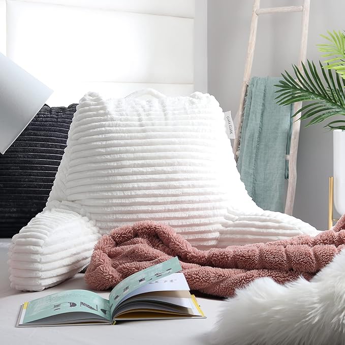 Clara Clark Reading Pillow for Bed Adult –Back Pillow for Sitting in Bed, Standard Plush Bed Pillows for Sitting Up in Bed, Shredded Foam Bed Chair Pillow with Arms and Pockets, White Bed Rest Pillow