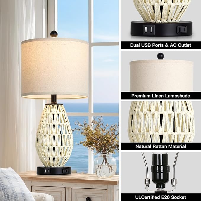 CINSARY Touch Control Rattan Table Lamps, 3 Way Dimmable Bedside Lamps for Bedroom Set of 2 with 2 USB Ports and AC Outlet, Wicker Nightstand Lamps for Living Room (LED Bulbs Included), White