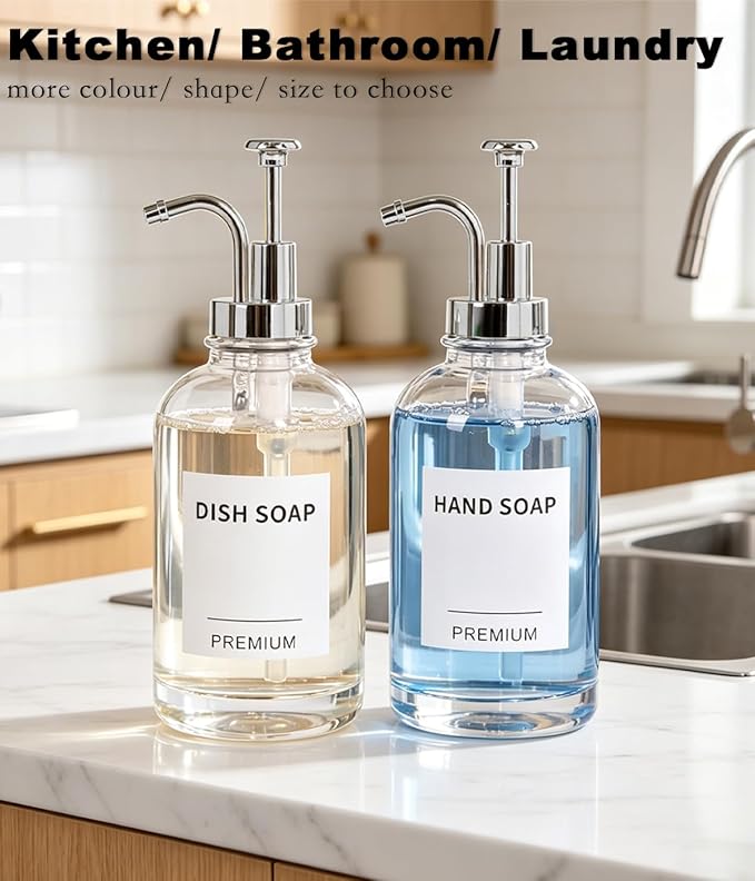 Dish Soap Dispenser for Kitchen, Hand Glass Soap Dispenser Set with Pump, Tray, Funnel for Bathroom, Shower, Laundry, Liquid, Lotion (Silver 2 Pack 18 Oz Clear Bottles with 12 Stickers)