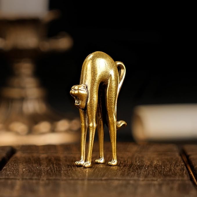 CHOVY Retro Handcrafted Stretching Cat Sculpture - 100% Solid Brass Elegant Desk & Tabletop Decor, Collectible Art Ornament for Home & Office | Unique Gift for Cat Lovers