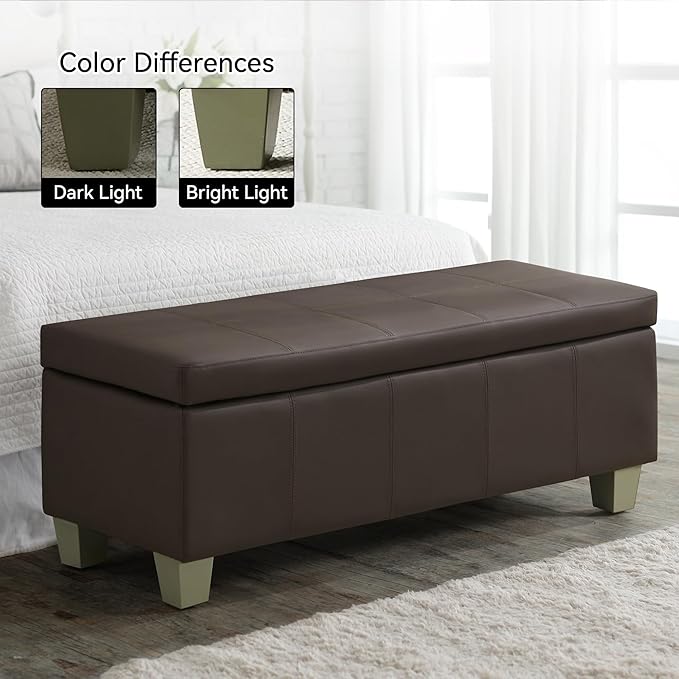 WUTUTUEE 41" Faux Leather Storage Ottoman, Stitch Tufted Rectangle Upholstered End of Bed Storage Bench, Entryway Large Couch Ottoman with Wooden Legs,Brown